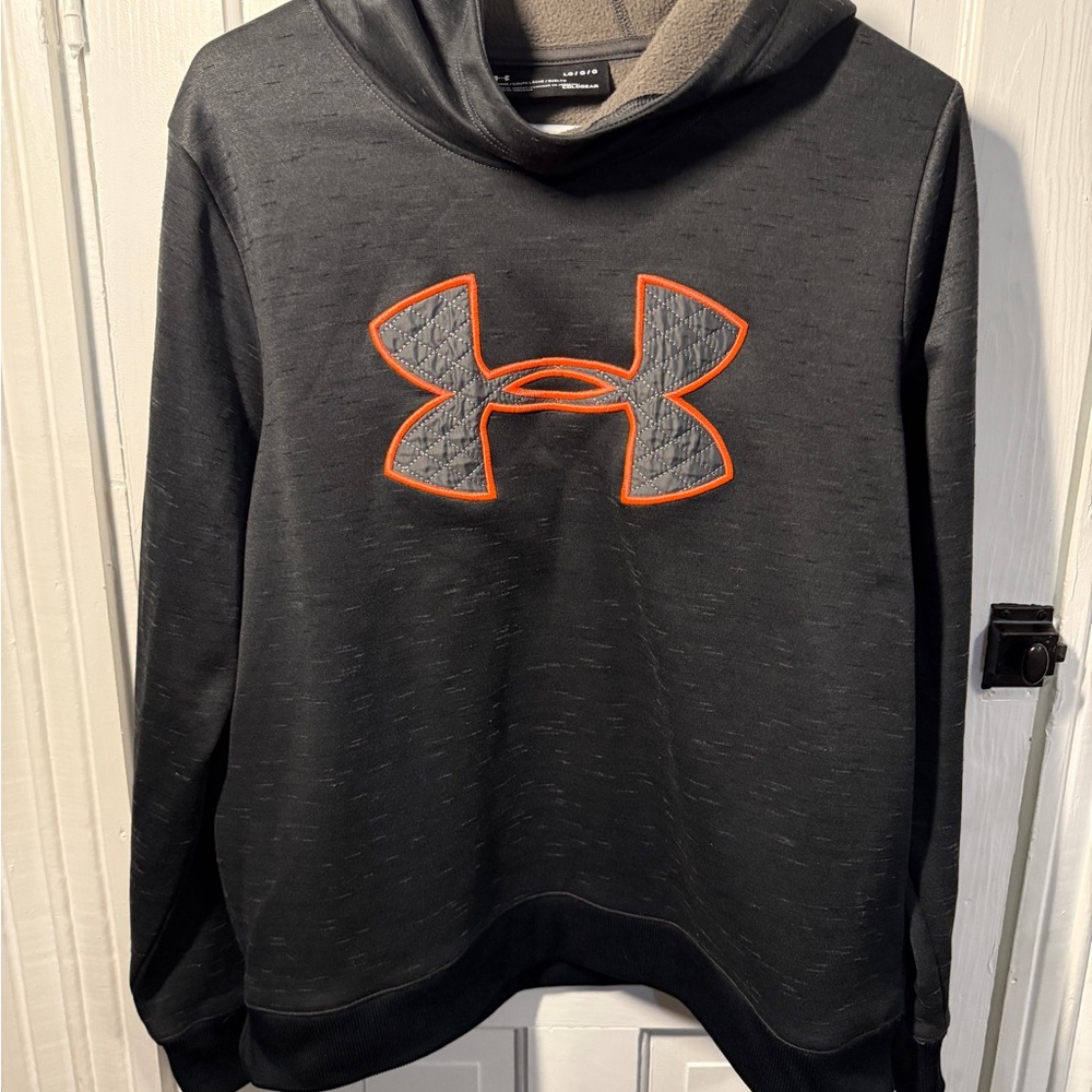 Under Armour Womens's Gray Hoodie with Orange Logo, Loose Fit, Coldwear size L